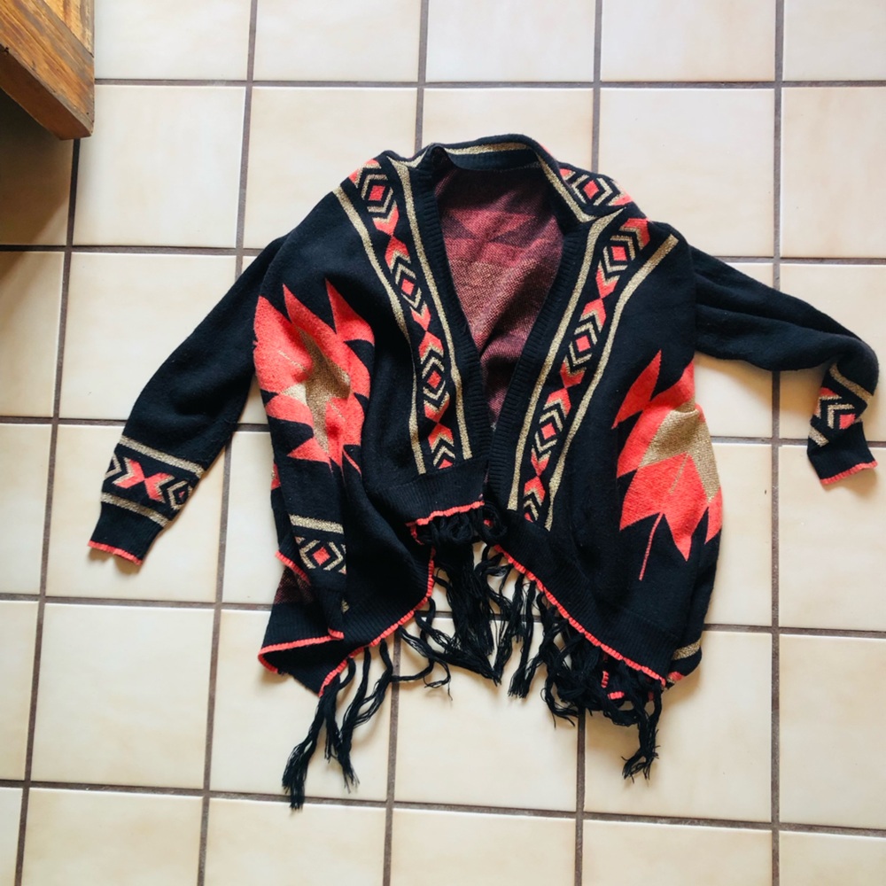 Black orange fringe poncho